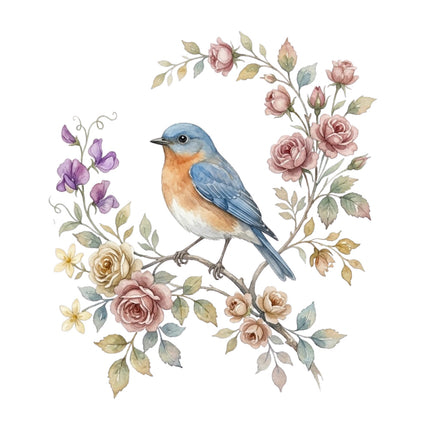 wild bird perched on floral branch quilt block