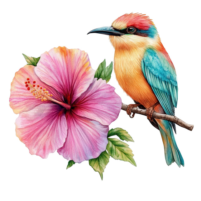 Colorful bird perched on a branch next to a pink flower with green leaves fabric panel