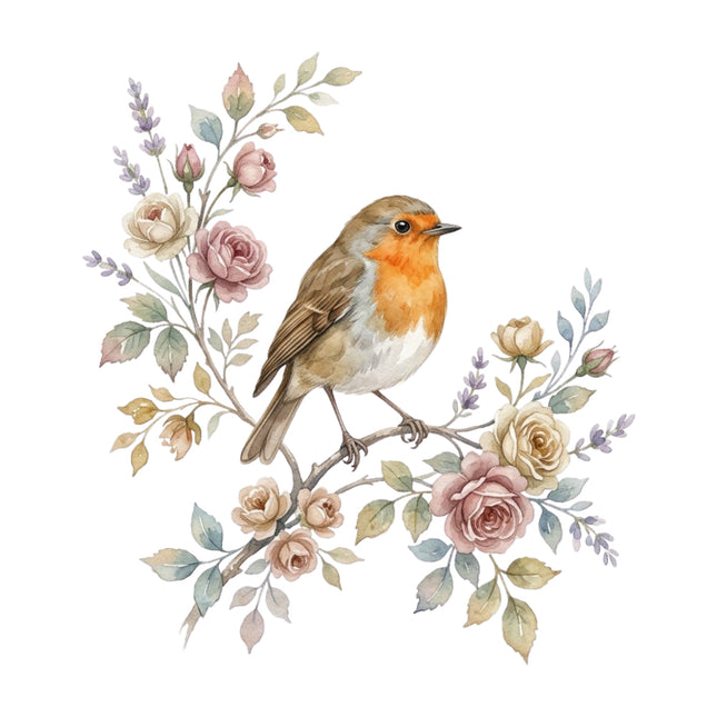 wild bird perched on a branch with flowers and leaves quilt square