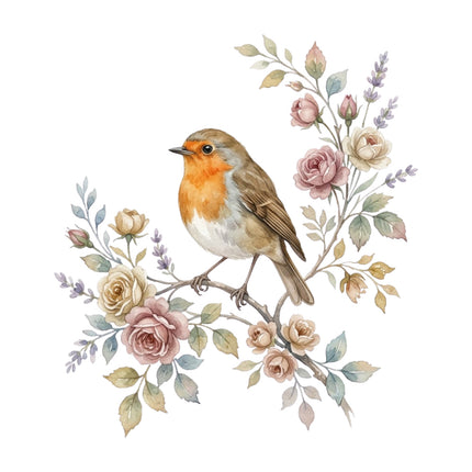 robin perched on floral branch quilt square