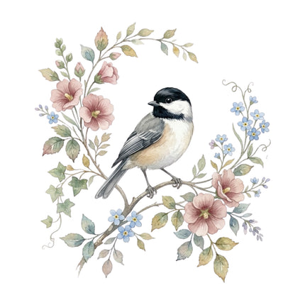 wild bird perched on a branch with flowers and leaves quilt square