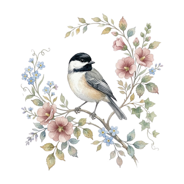 wild bird perched on floral branch quilt block