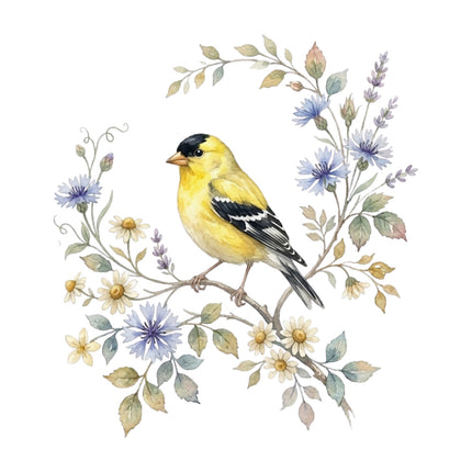 wild bird perched on floral branch quilt square