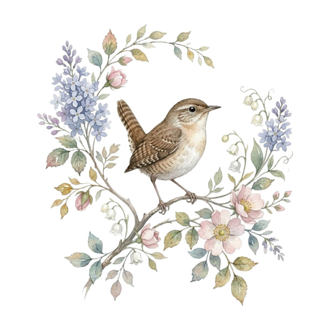 wild bird perched on a branch with flowers and leaves quilt square