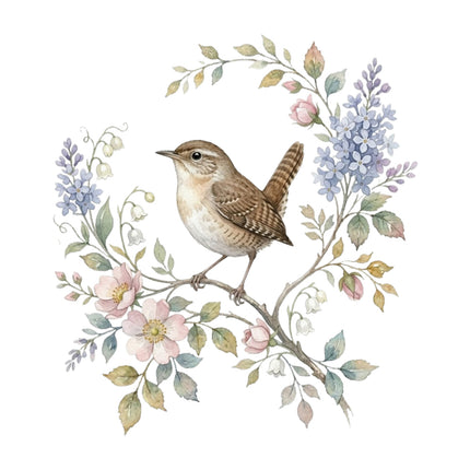 wren bird perched on floral branch quilt square