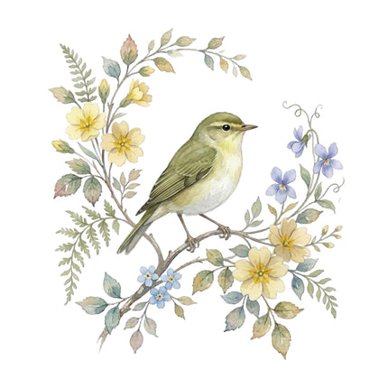 wild bird perched on a branch with flowers and leaves fabric panel