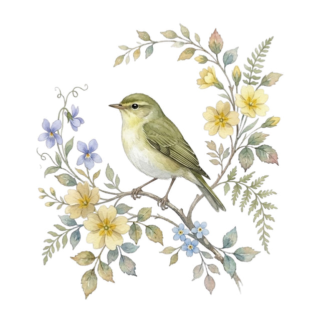 wild bird perched on floral branch quilt square