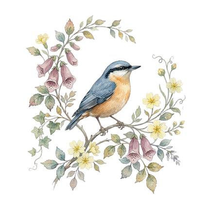 wild bird perched on a branch with flowers and leaves fabric panel