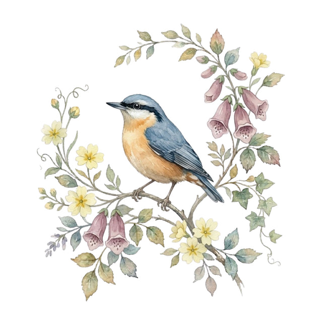 wild bird perched on floral branch quilt square