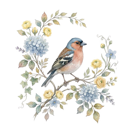 wild bird perched on a branch with flowers and leaves fabric panel