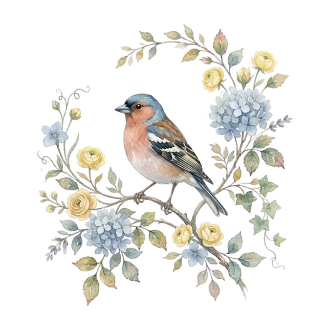 wild bird perched on floral branch quilt square