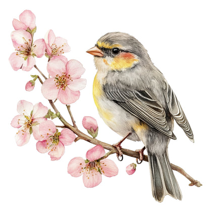 Bird perched on a branch with pink flowers fabric panel