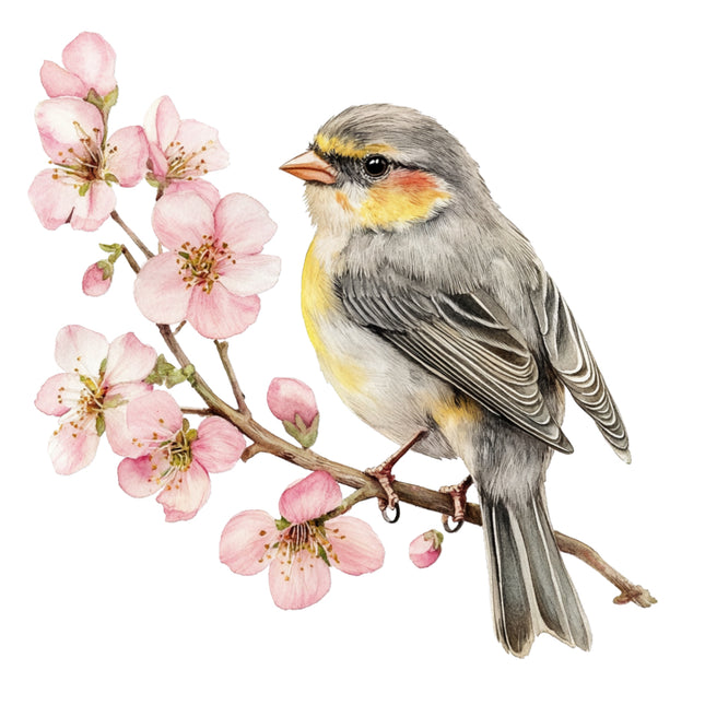 Bird perched on a branch with pink flowers fabric panel