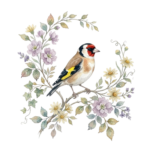 wild bird perched on a branch with flowers and leaves fabric panel