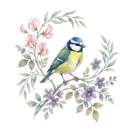 wild bird perched on a branch with flowers and leaves fabric panel