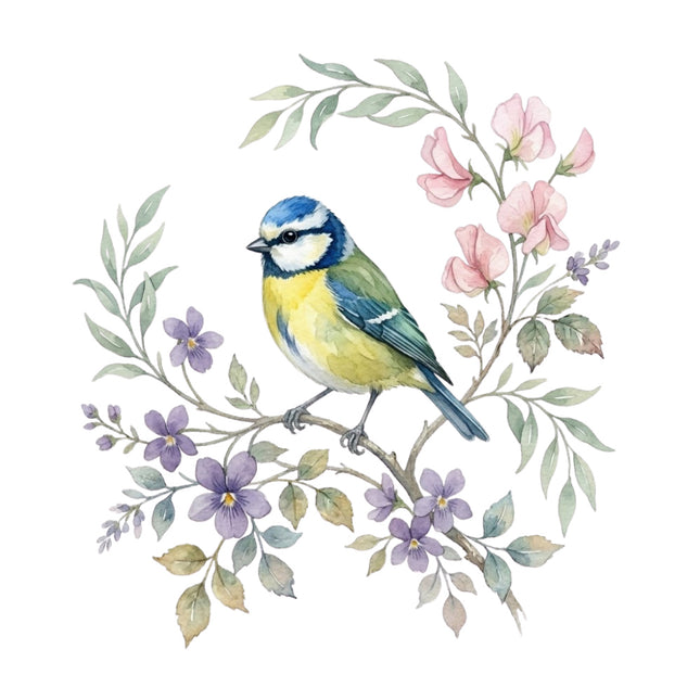 wild bird perched on floral branch quilt square