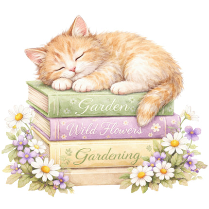 cat and books fabric panel