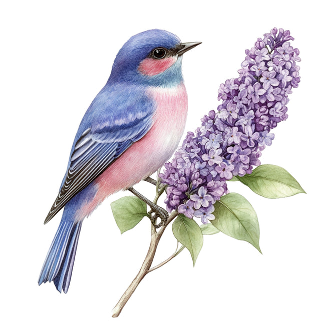 Colorful bird perched on a branch with purple flowers fabric panel
