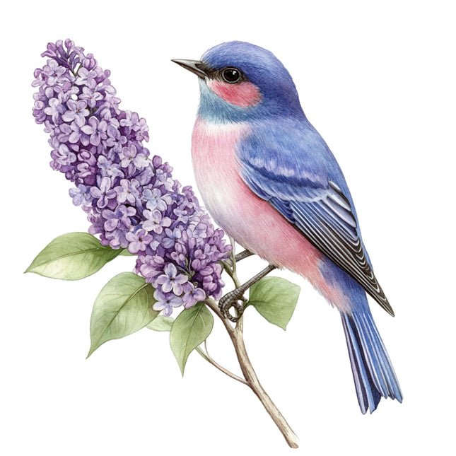Blue and pink bird perched on a branch with purple flowers fabric panel