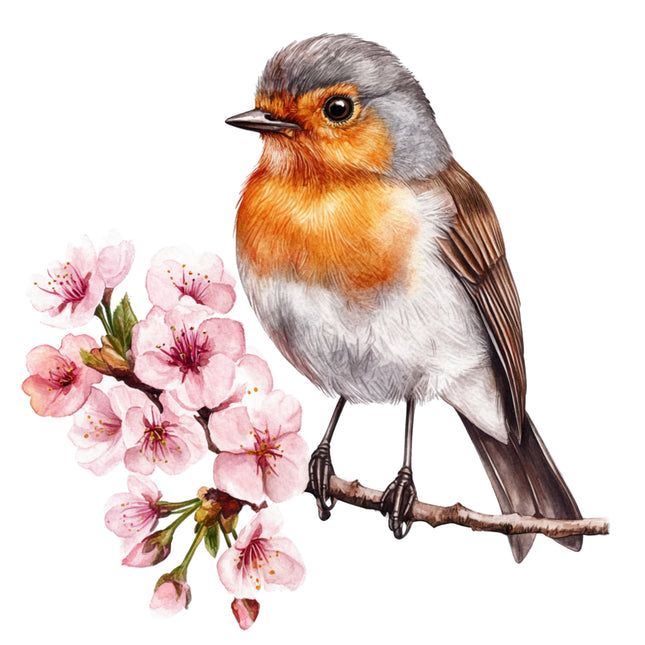 Robin Bird perched on a branch with pink flowers fabric panel