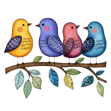 colorful birds perched on branch quilt block