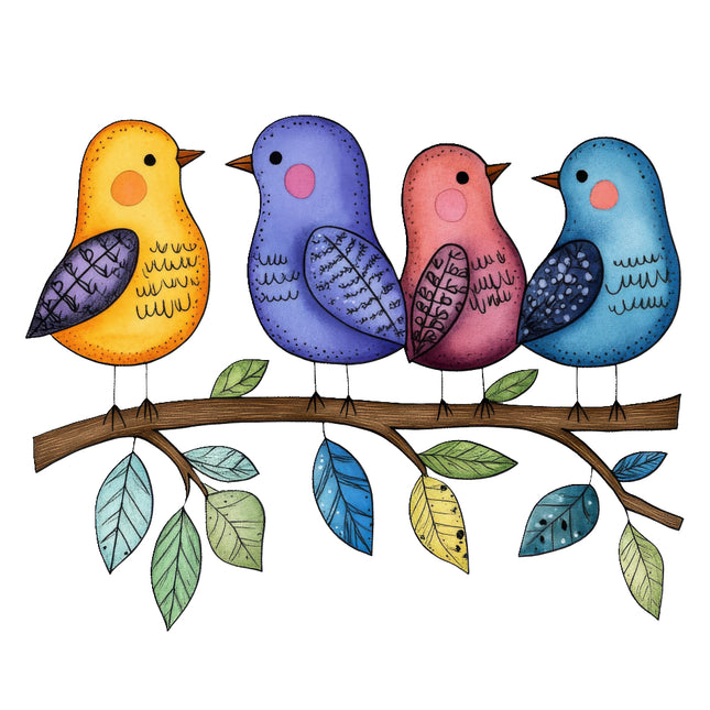 colorful birds perched on branch quilt block