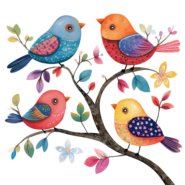 colorful birds perched on branch quilt square