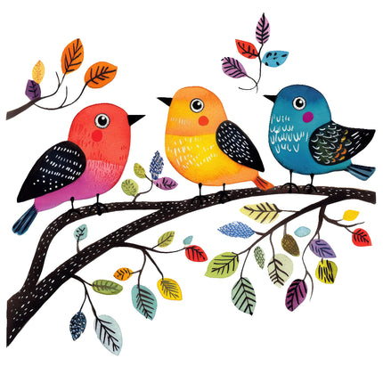 colorful birds perched on branch fabric panel
