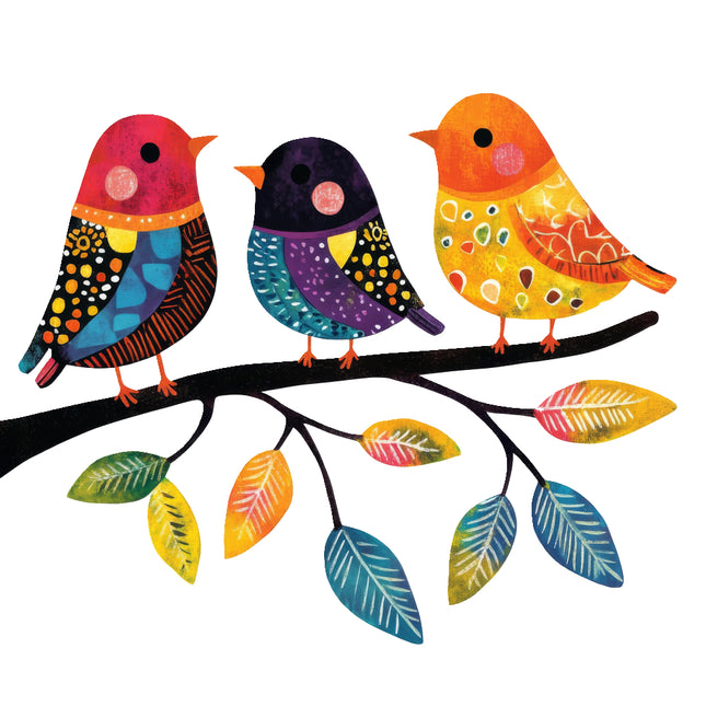 colorful birds perched on branch fabric panel