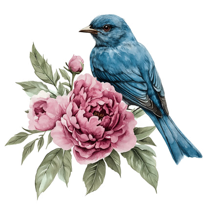 Blue bird perched on pink flowers with green leaves cotton fabric panel