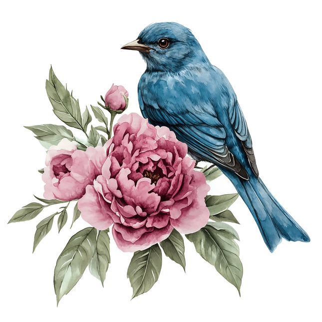 Blue bird perched on pink flowers with green leaves cotton fabric panel