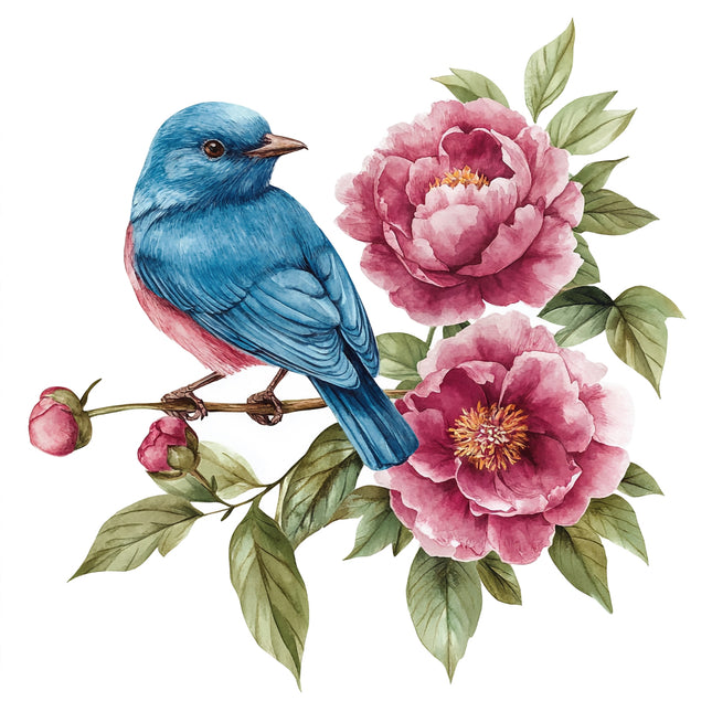 Blue bird perched on pink flowers with green leaves cotton fabric panel