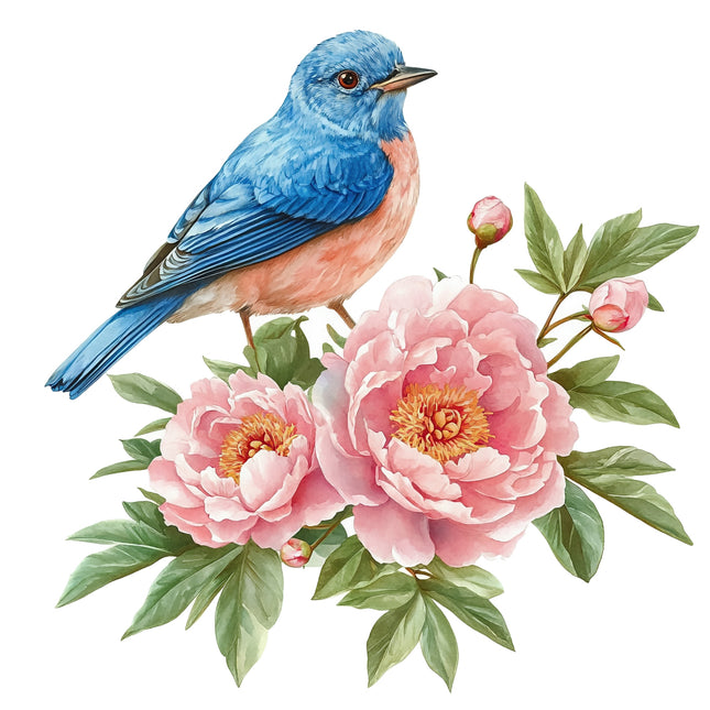 Blue bird perched on pink flowers with green leaves cotton fabric panel