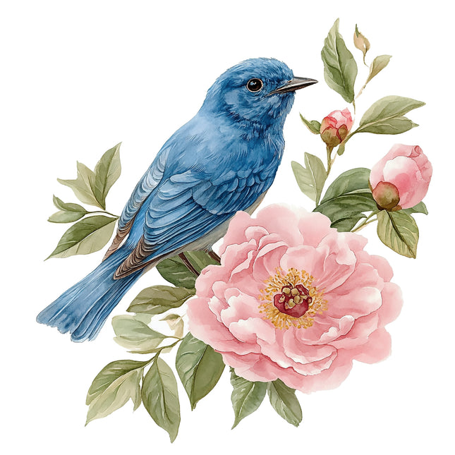 Blue bird perched on pink flowers with green leaves cotton fabric panel