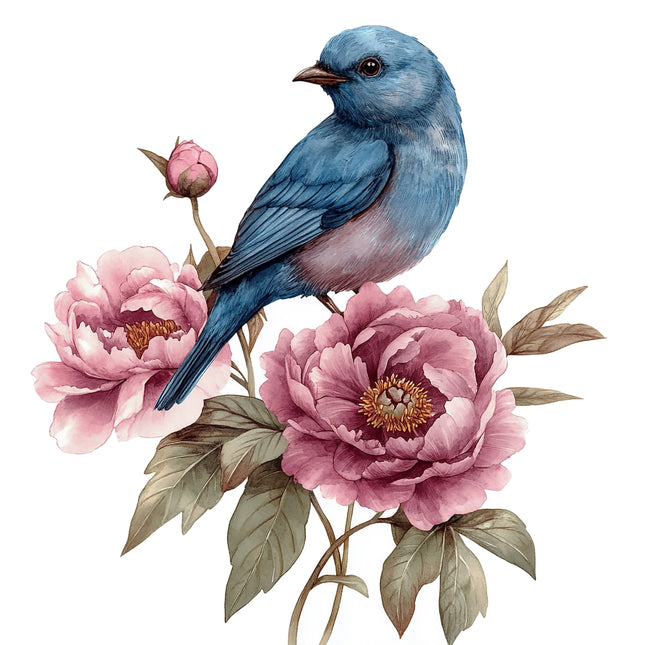 Blue bird perched on pink flowers with green leaves cotton fabric panel