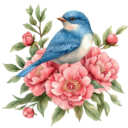Blue bird perched on pink flowers with green leaves fabric panel