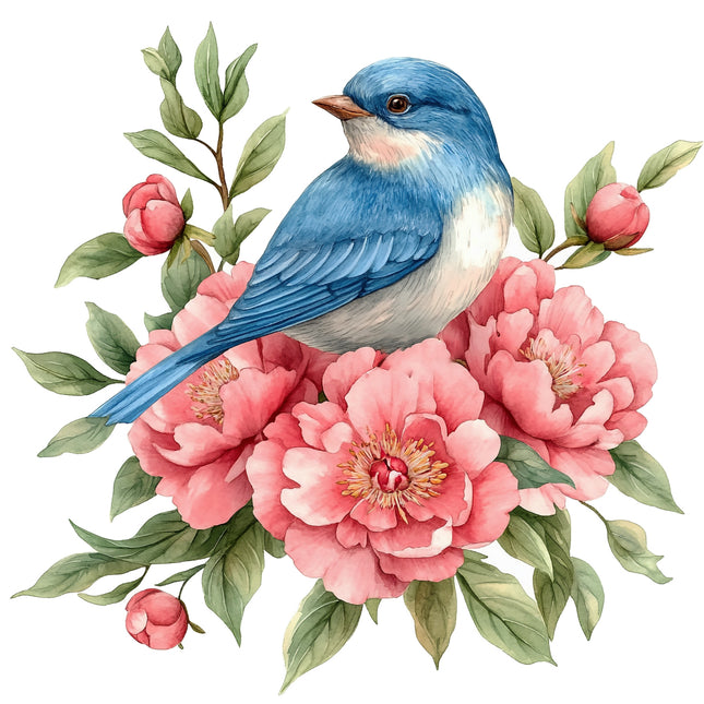 Blue bird perched on pink flowers with green leaves fabric panel