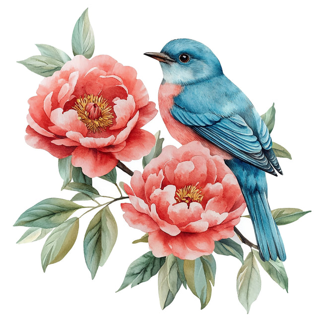 Blue bird perched on pink flowers with green leaves fabric panel