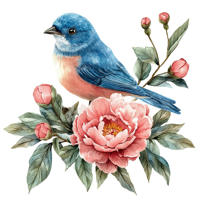 Blue bird perched on pink flowers with green leaves fabric panel