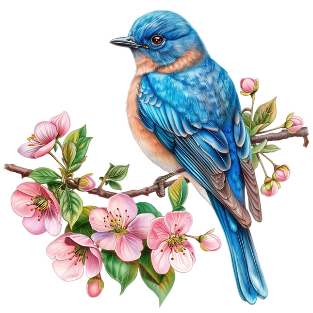 Blue bird perched on a branch with pink flowers fabric panel