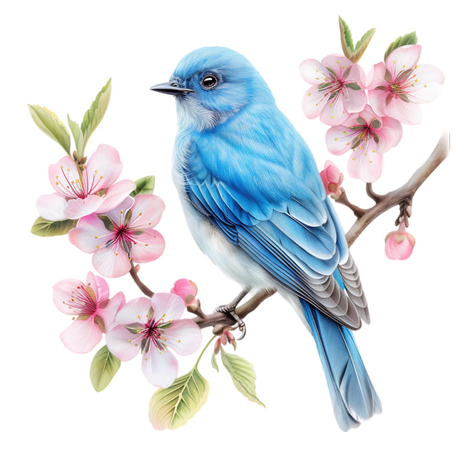 Blue bird perched on a branch with pink flowers fabric panel