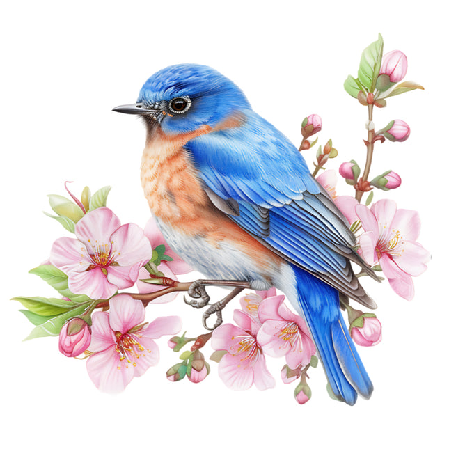 Blue bird perched on a branch with pink flowers fabric panel