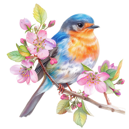 Colorful bird perched on a branch with pink flowers fabric panel