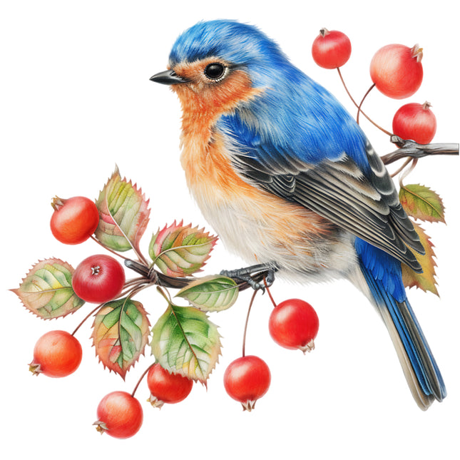 Blue bird perched on pink flowers with green leaves fabric panel