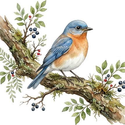 bluebird on a branch with leaves fabric panel