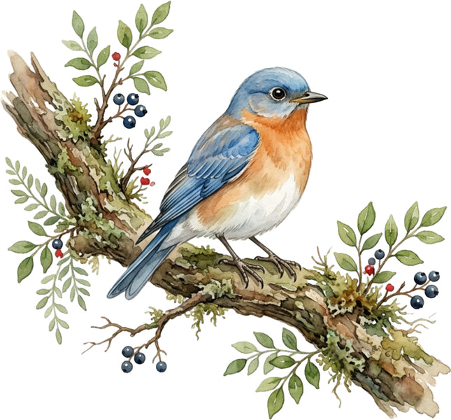 bluebird on a branch with leaves fabric panel
