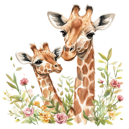 two giraffes surrounded by flowers fabric panel