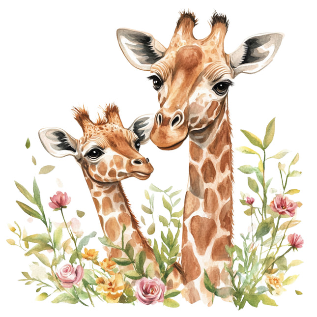 two giraffes surrounded by flowers fabric panel