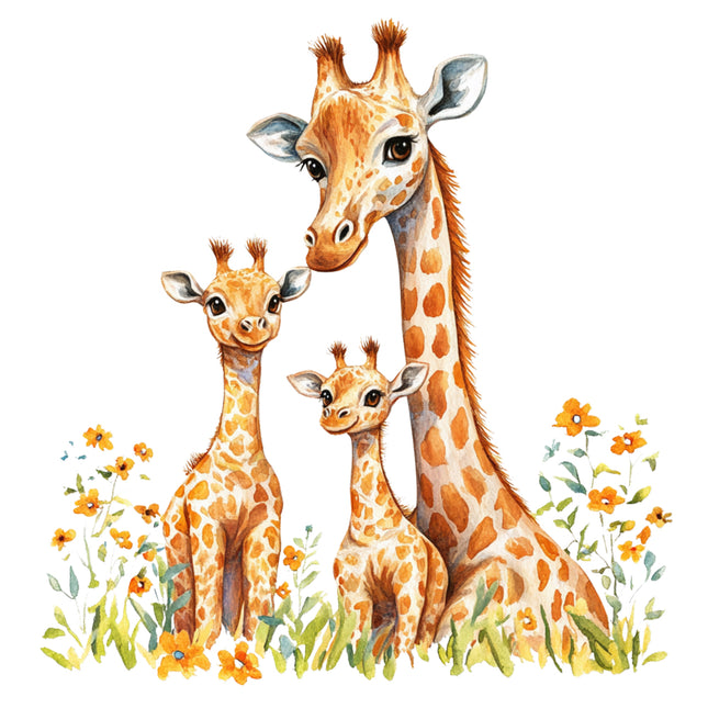 giraffe family with two young giraffes and flowers fabric panel
