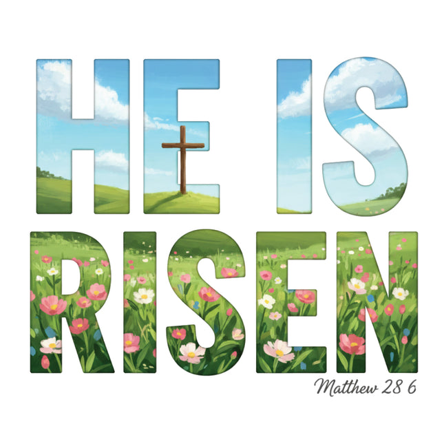 'HE IS RISEN' with a cross and flowers fabric panel